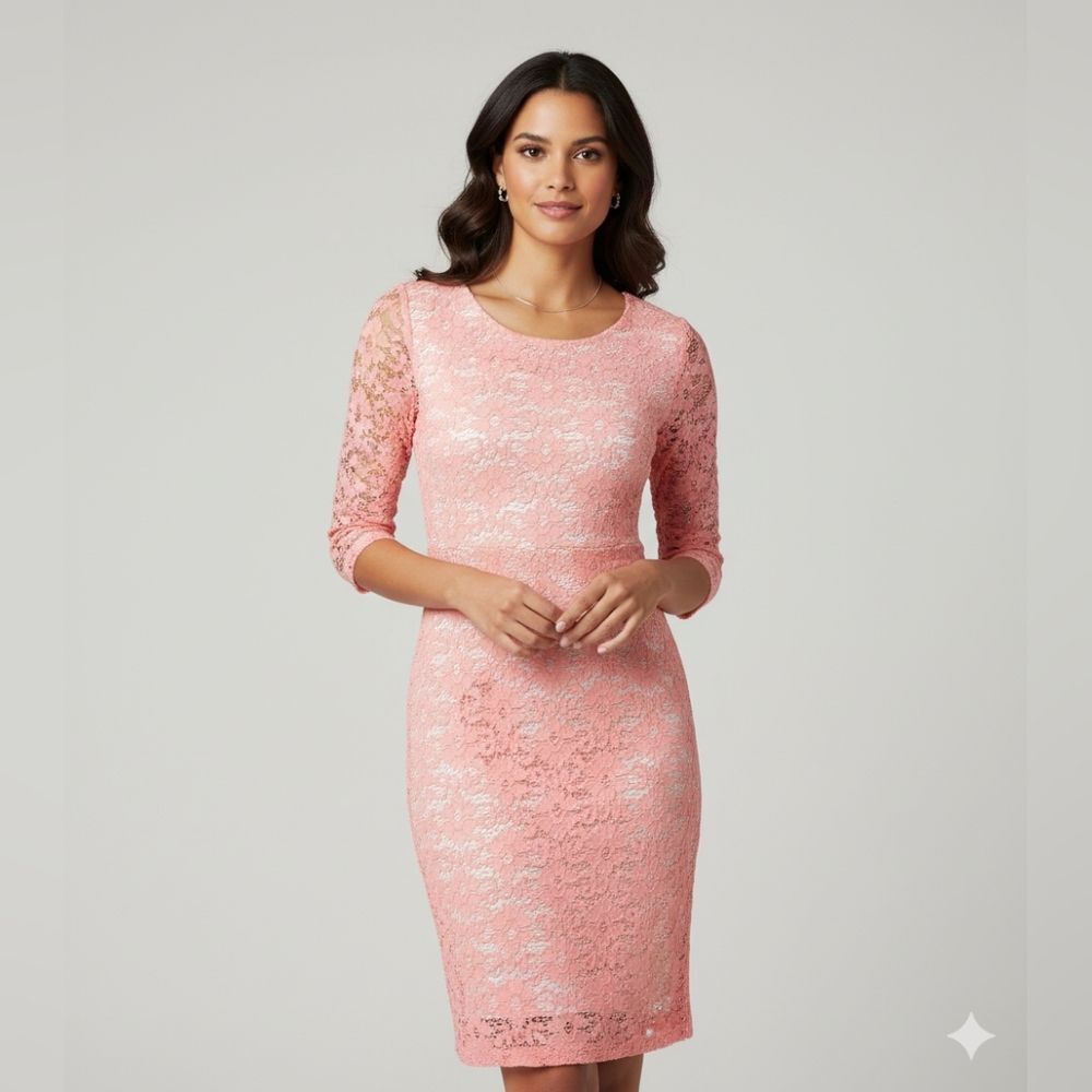 Badgley Mischka Women's Pink Floral Lace 3/4 Sleeve Midi Sheath Dress Size 2
